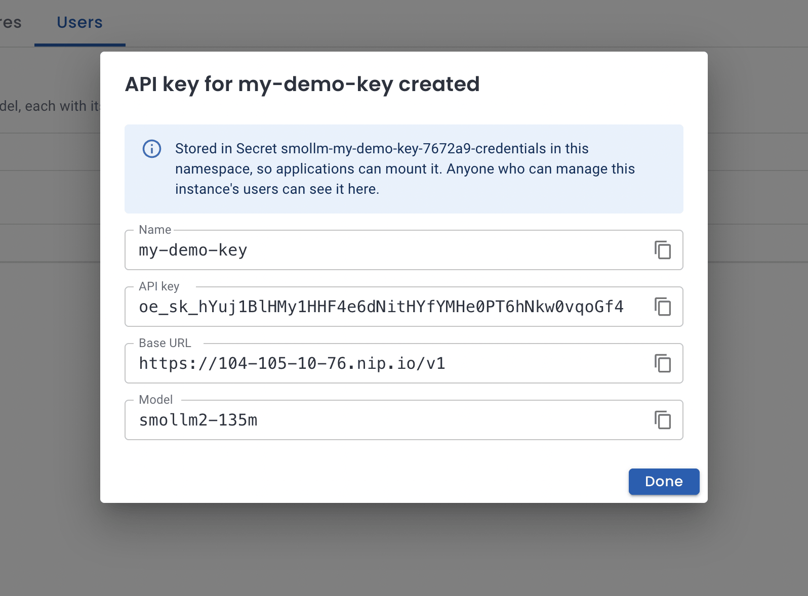 Credentials of a newly created API key
