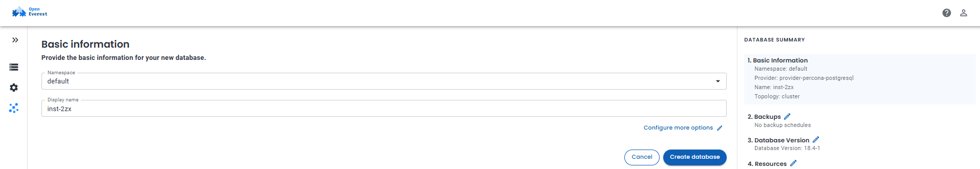 Create database wizard in the Everest UI, showing basic information and a live database summary