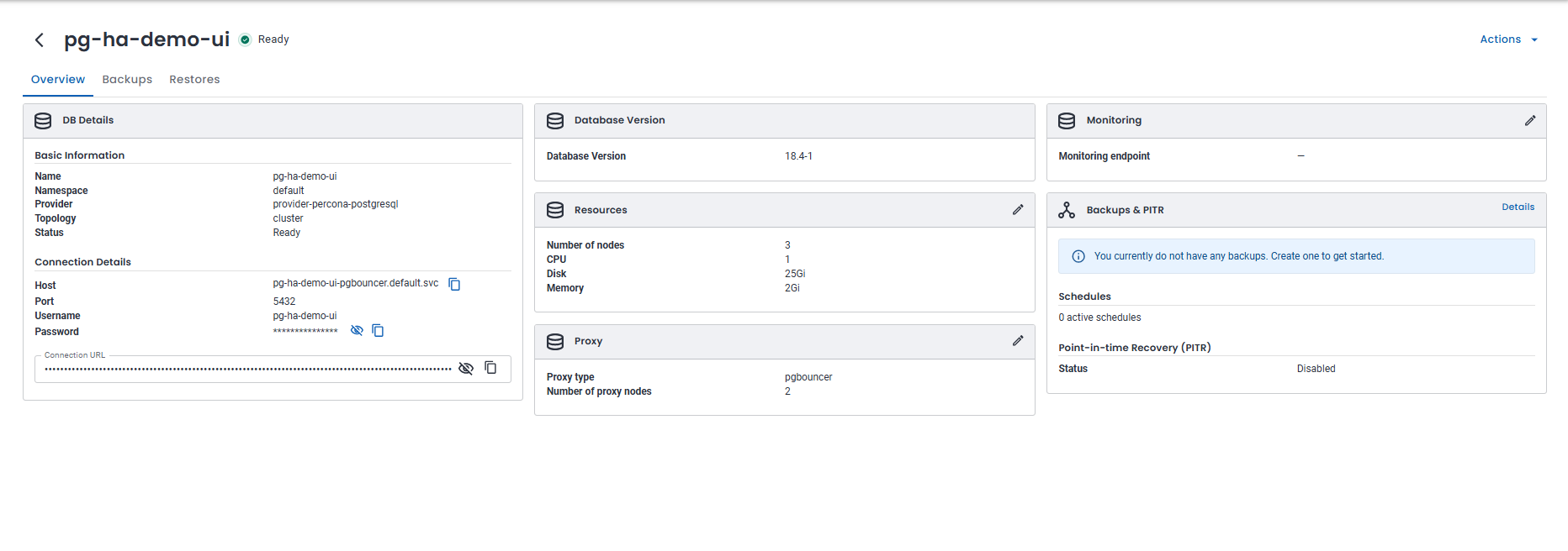 Everest UI instance detail page for pg-ha-demo-ui, showing 3 nodes, pgbouncer proxy, and connection details