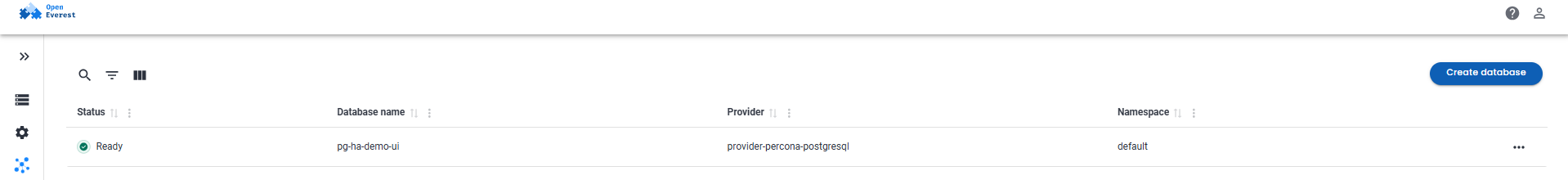 Everest UI instance list showing pg-ha-demo-ui as Ready