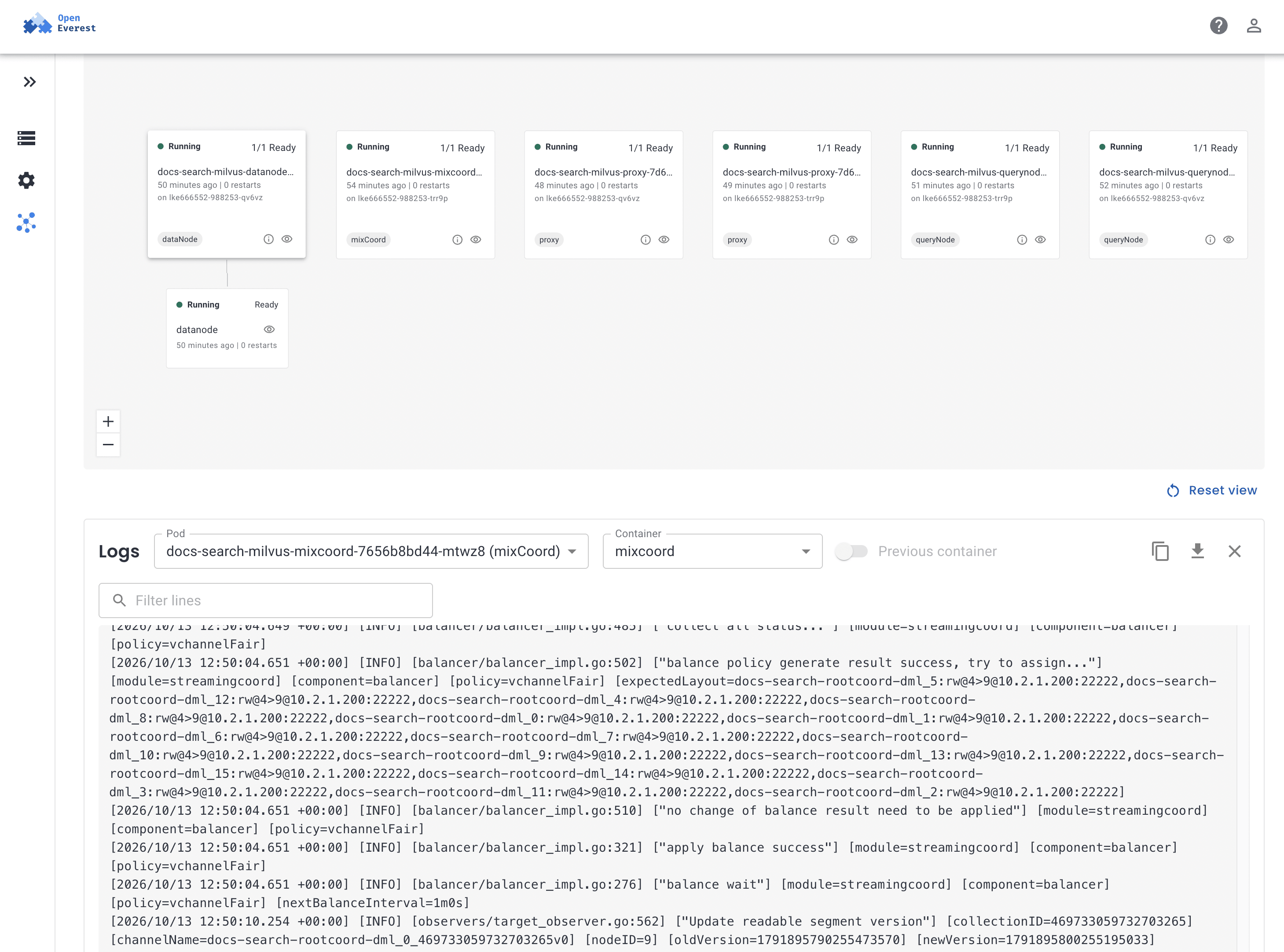 OpenEverest Inspector plugin for docs-search: a diagram of the dataNode, mixCoord, two proxy and two queryNode pods, all running with 0 restarts, with their nodes, and the mixCoord container log below
