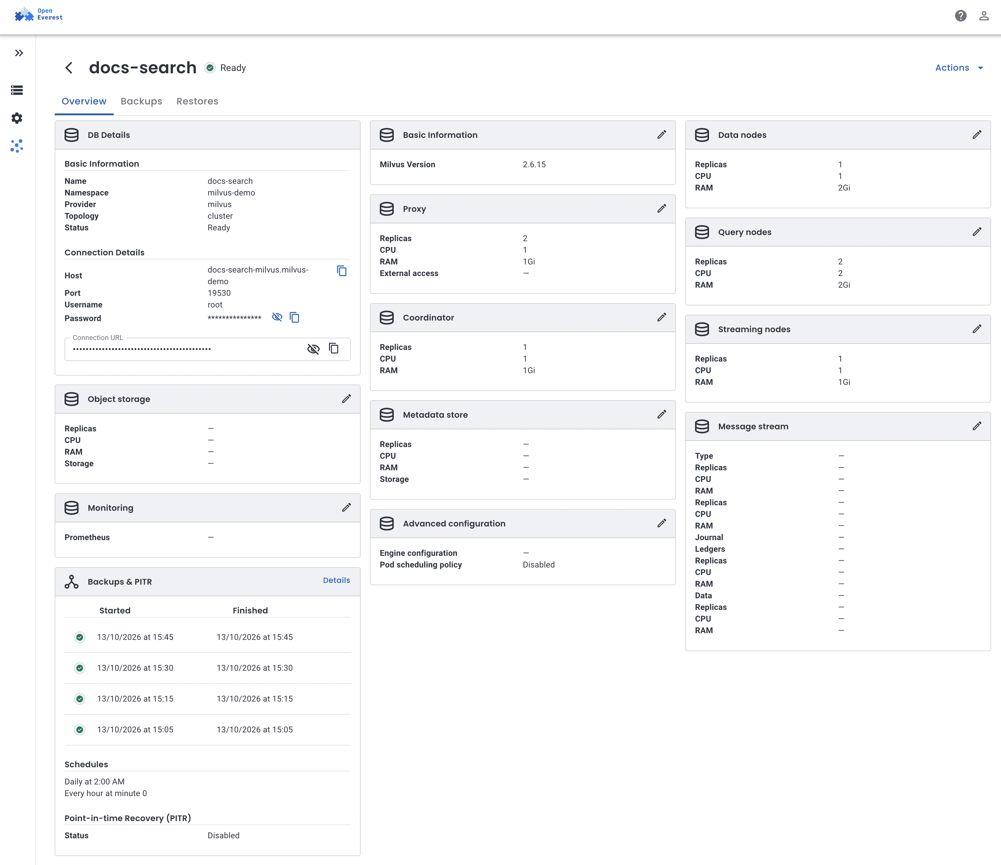 OpenEverest overview page of the docs-search Milvus instance: Ready, cluster topology, Milvus 2.6.15, connection details, a card per Milvus role with replicas, CPU and RAM, and the latest backups and schedules