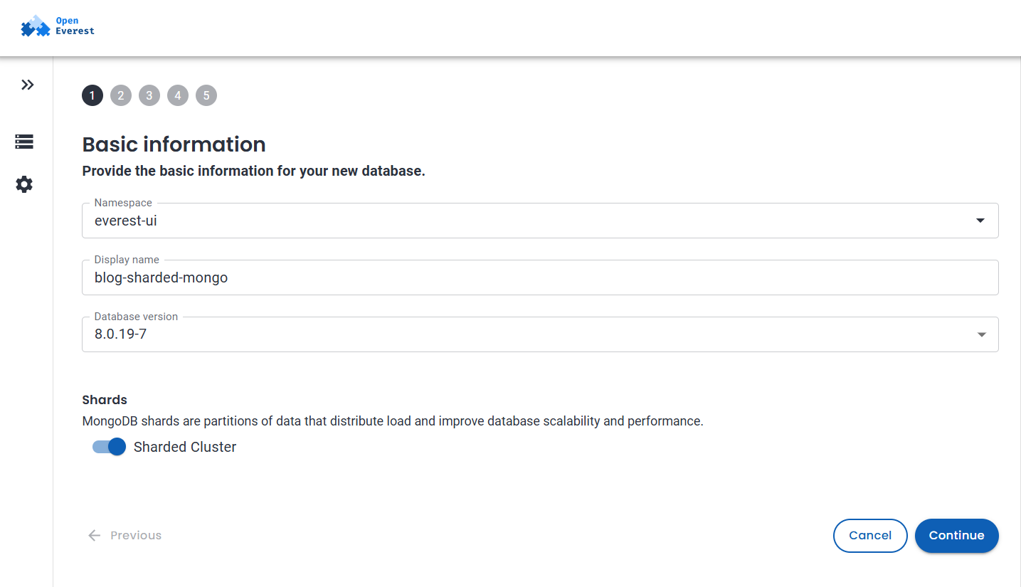Basic information step with the Sharded Cluster toggle