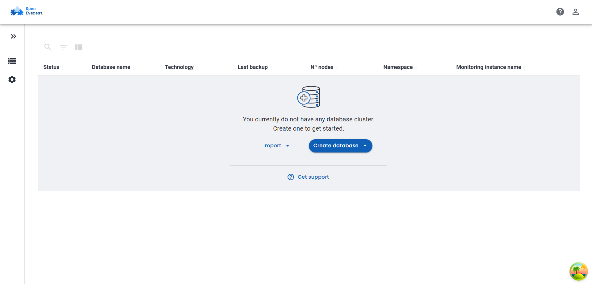 Empty databases page