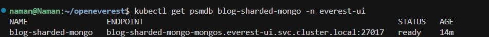 psmdb resource showing ready status and mongos endpoint