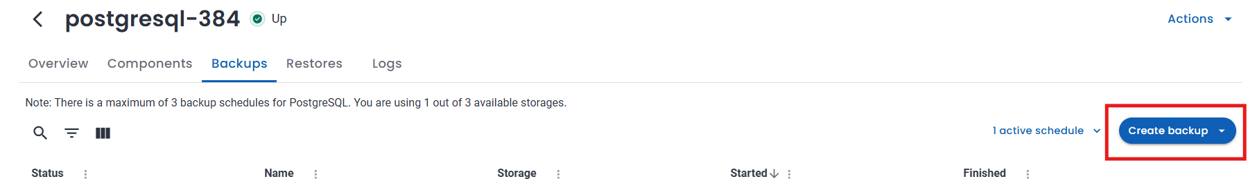 Backups tab