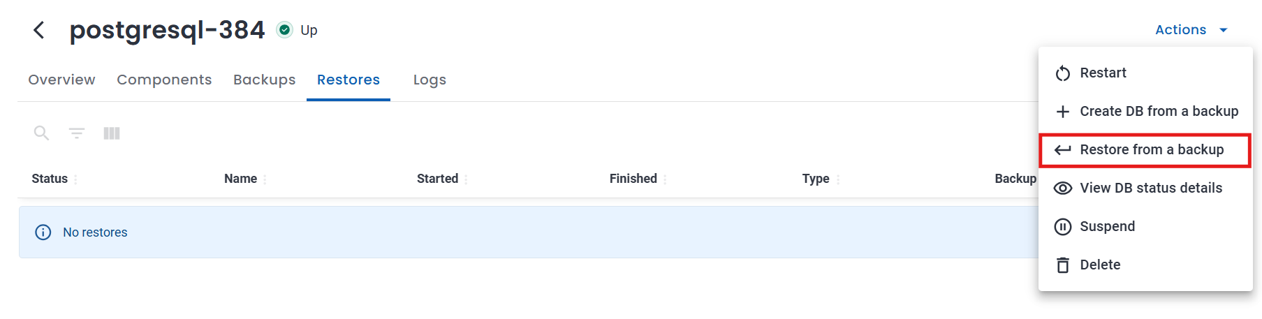 Actions menu showing Restore from a backup