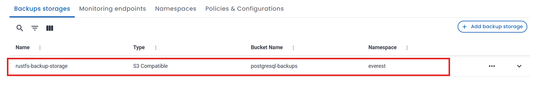 Backup storage listed under Backup Storages