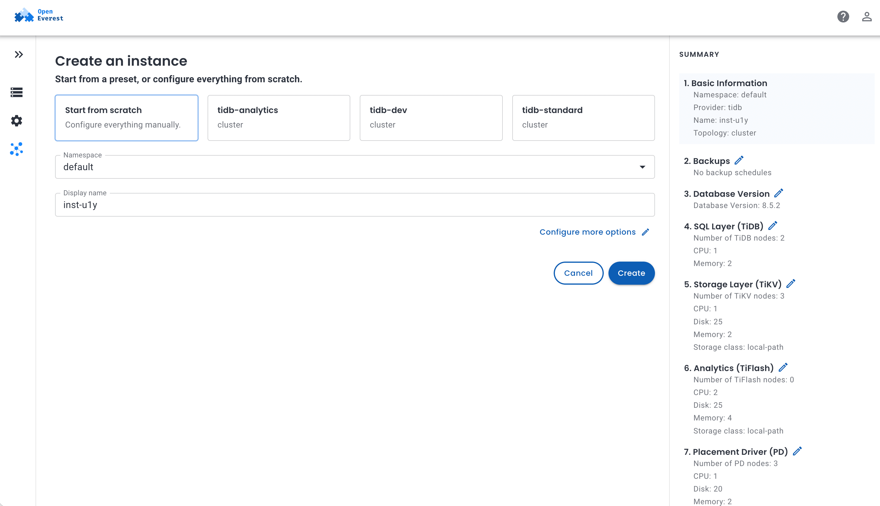 OpenEverest's Create an instance page with the presets tidb-analytics, tidb-dev and tidb-standard next to Start from scratch, and a summary of the SQL (TiDB), storage (TiKV), analytics (TiFlash) and Placement Driver (PD) layers