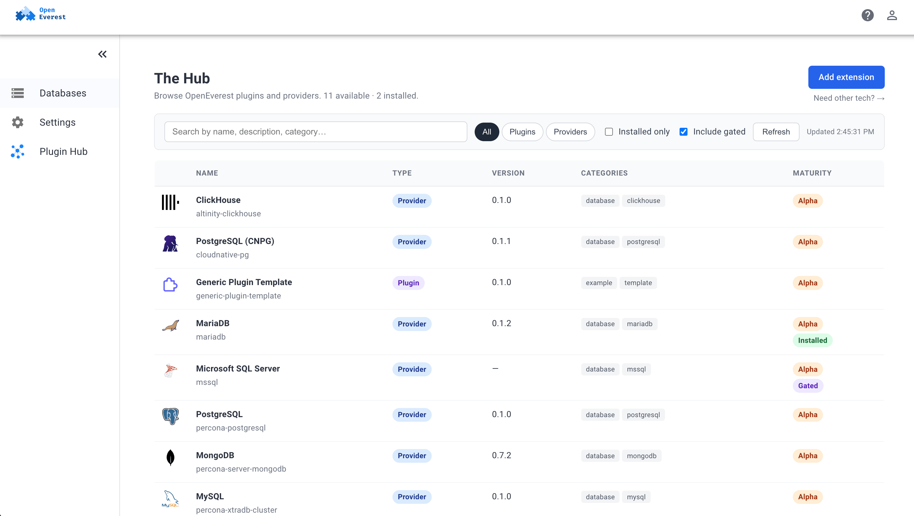 Hub UI showing available providers and plugins