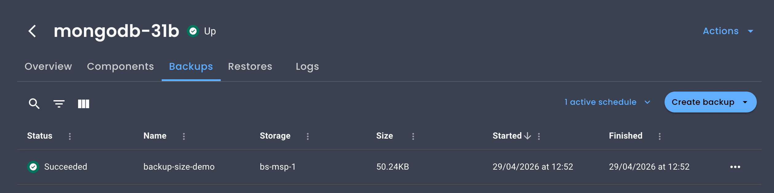 Backup size column in the backup list view